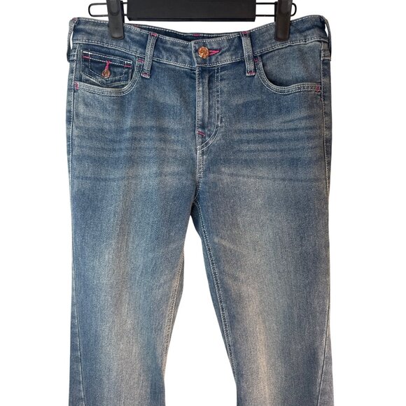 Joey True Religion Size 28 Mid Rise Flare Jeans Blue Denim With Red Stitching - Picture 5 of 13